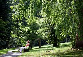 Eine Frau sitzt auf einer Bank im Park.